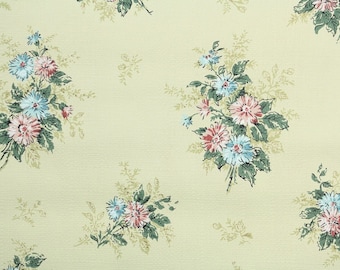 1960s Vintage Wallpaper by the Yard - Retro Pink and Blue Flowers on Yellow-Green, Floral Wallpaper