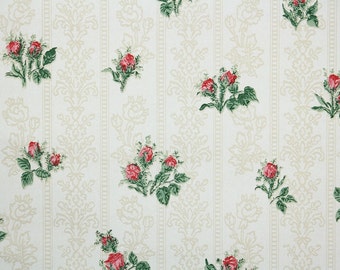 1950s Vintage Wallpaper by the Yard - Red Rosebuds and Green Leaves on White Stripes