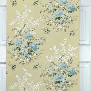 Papier peint vintage des années 1950 par jardin Bleu et Blanc Floral sur Jaune image 3