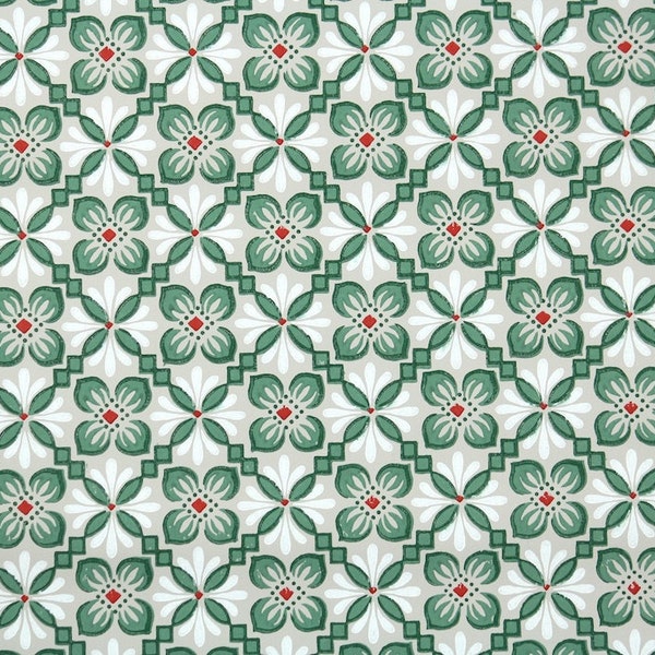 1940's Vintage Wallpaper - Red and Green Geometric on Taupe