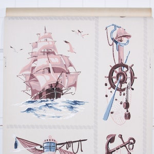 1950s Vintage Wallpaper by the Yard Pink and Blue Ships Nautical Bathroom Wallpaper Novelty Design image 2