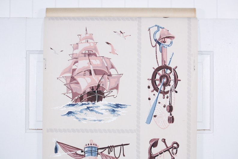 1950s Vintage Wallpaper by the Yard Pink and Blue Ships Nautical Bathroom Wallpaper Novelty Design image 2