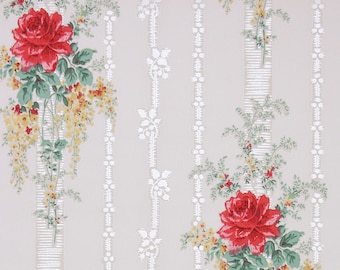 1930s Vintage Wallpaper by the Yard - Floral Wallpaper with Bright Red Roses and Cascading Yellow Flowers on White Stripes