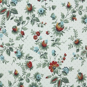 1940s Vintage Wallpaper by the Yard - Red and Blue Mini Floral with Dark Green Leaves on White