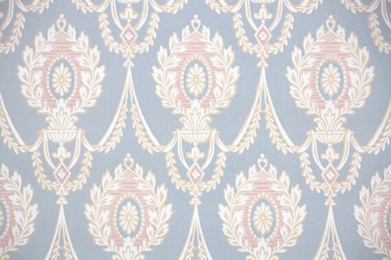 Carta Da Parati Vintage Di 1930s Tagliato A Misura Vittoriano Damascato Vintage Wallpaper Pastello Rosa Blu E Bianco