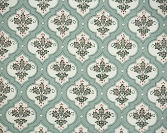 1940s Vintage Wallpaper by the Yard - Leaf Pattern in Geometric Design of Green and Brown