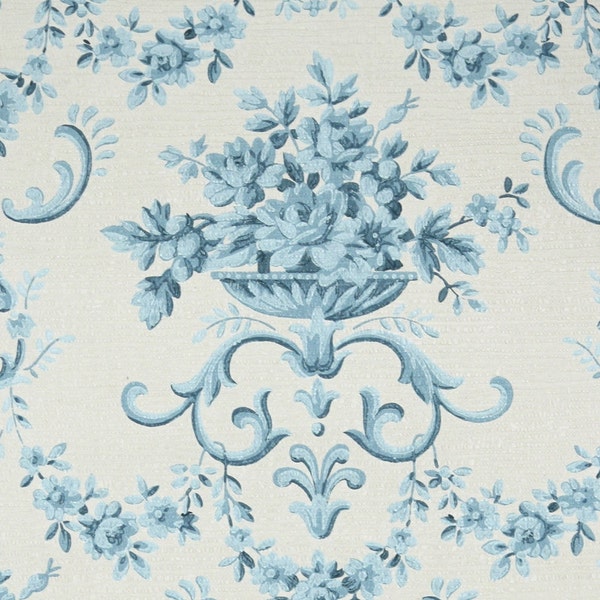 1950s Vintage Wallpaper by the Yard - Floral Wallpaper with Blue Roses and Victorian Flower Damask on White