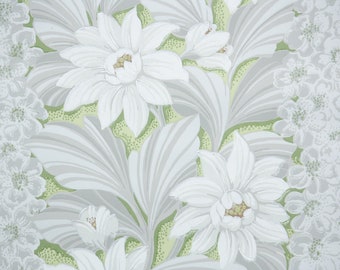 1950s Vintage Tapete - Weiße Blumen auf grünem Hintergrund