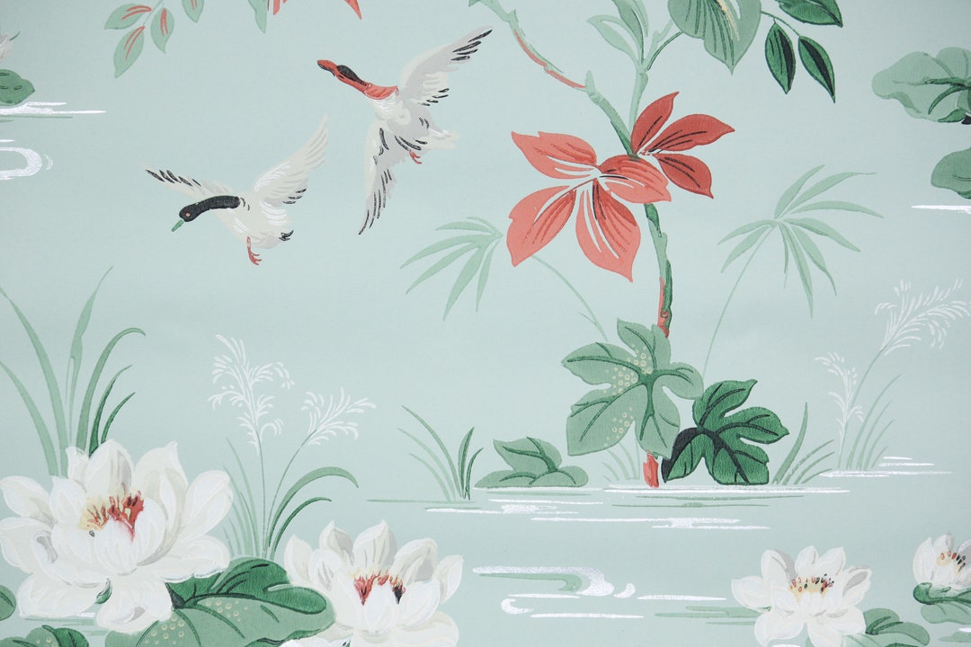 1940s Vintage Wallpaper by the Yard Bathroom Wallpaper With White Water