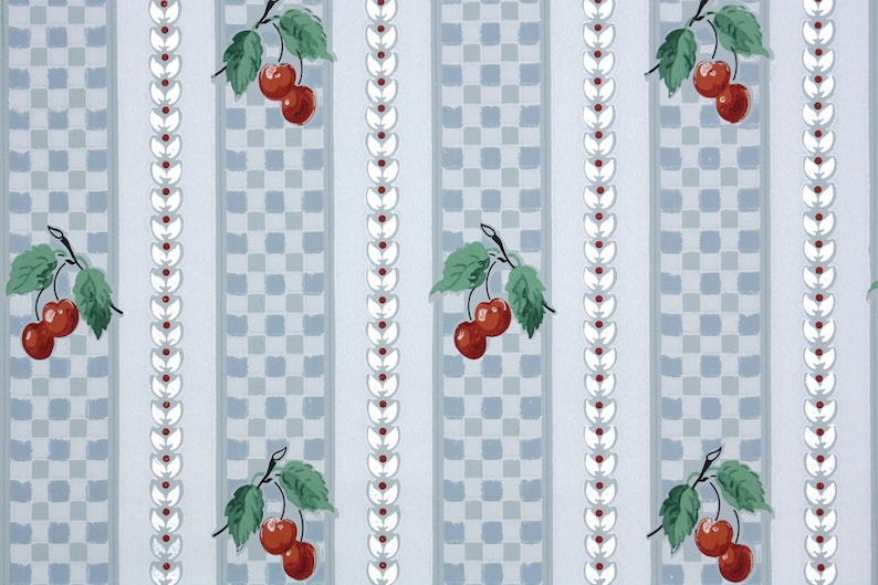 1950s Vintage Wallpaper by the Yard Kitchen Vintage Wallpaper Red Cherries on Blue Gingham Check Stripes