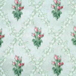 1940s Vintage Wallpaper by the Yard - Pink Rosebud Bouquets on Mint Green