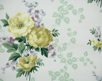 1940s Vintage Wallpaper by the Yard - Floral Wallpaper with Large Yellow Roses and Purple Accent Flowers on White