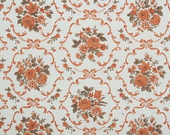 1960s Vintage Wallpaper by the Yard - Orange and Brown Rose Floral Damask