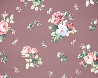 1940s Vintage Wallpaper by the Yard - Floral Wallpaper Coral and Blue Roses on Brown