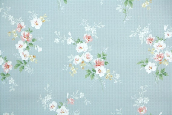 1930s Floral Vintage Wallpaper Pink Yellow Hydrangeas on Blue Silver Stripes