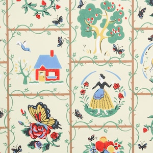 1950s Vintage Wallpaper by the Yard - Kitchen Vintage Wallpaper Farming Scenes with Cows, Strawberries, Chickens, Butterflies, Apple Trees