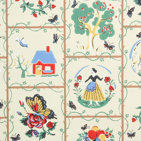 Papier peint vintage des années 1950 par yard - Scènes agricoles de papier peint vintage de cuisine avec des vaches, des fraises, des poulets, des papillons, des pommiers