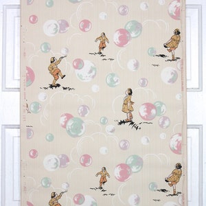 1930s Vintage Wallpaper by the Yard Childrens Wallpaper Boy and Girl Figures Playing with Pastel Bubbles of Pink Lavendar White and Mint image 3