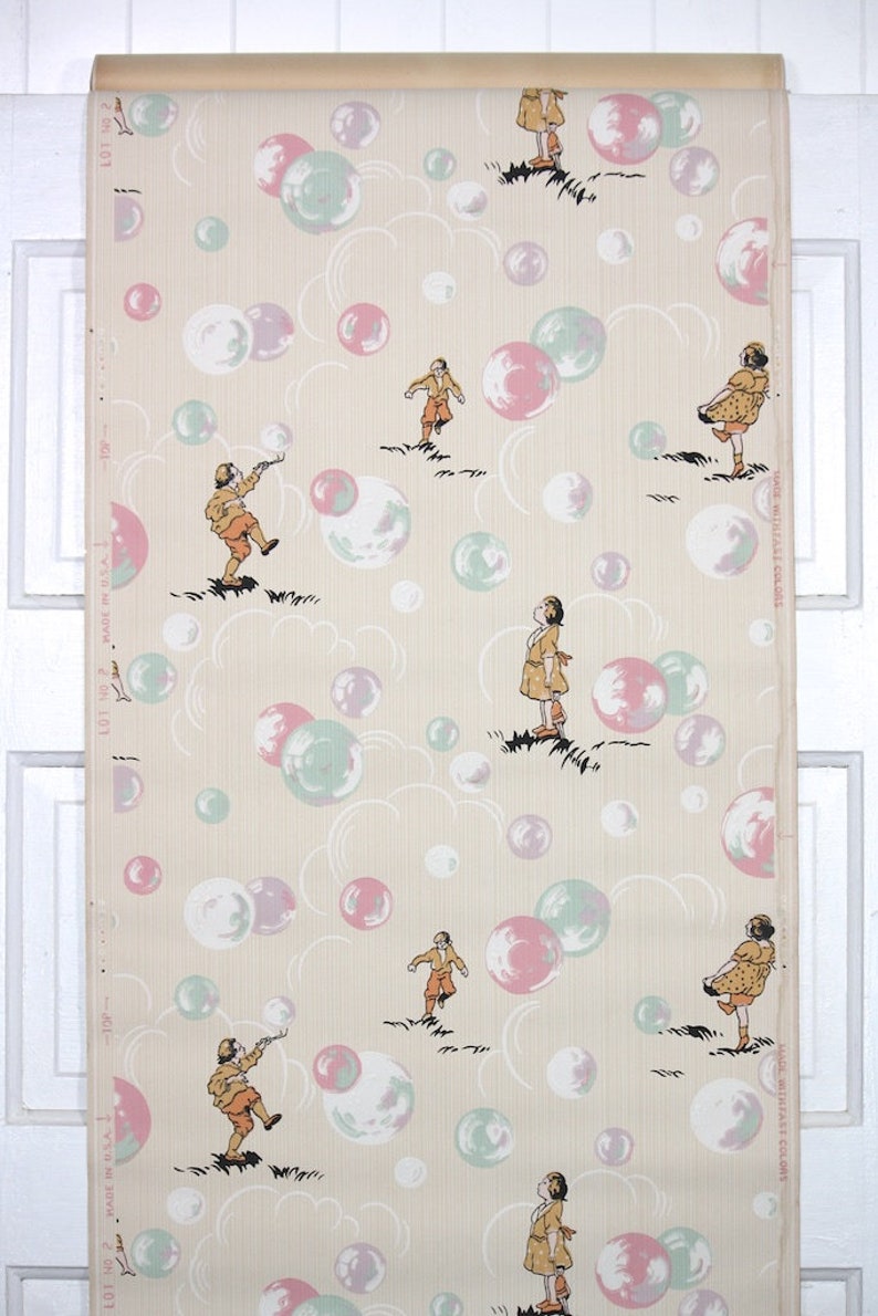 1930s Vintage Wallpaper by the Yard Childrens Wallpaper Boy and Girl Figures Playing with Pastel Bubbles of Pink Lavendar White and Mint image 3