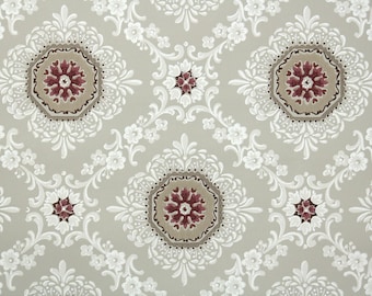 1940s Vintage Wallpaper by the Yard - Brown Dark Red and White Geometric