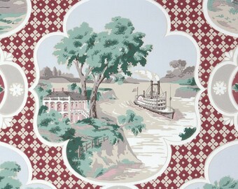 1950s Vintage Wallpaper by the Yard - Riverboat Scenic