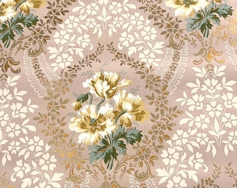 5 yards - 1900s Antique Wallpaper Yellow Flowers Metallic Gold and White Accents