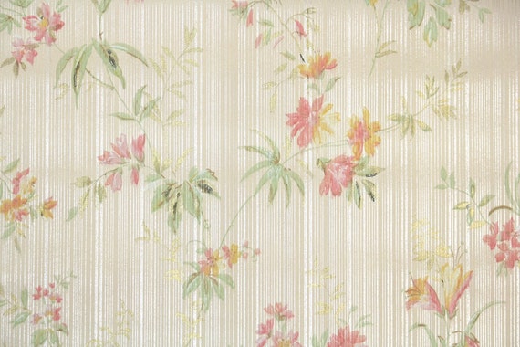1930s Floral Vintage Wallpaper Pink Yellow Hydrangeas on Blue Silver Stripes