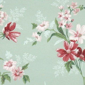 1940s Vintage Wallpaper by the Yard - Floral Wallpaper with Pink and Red Flowers on Green