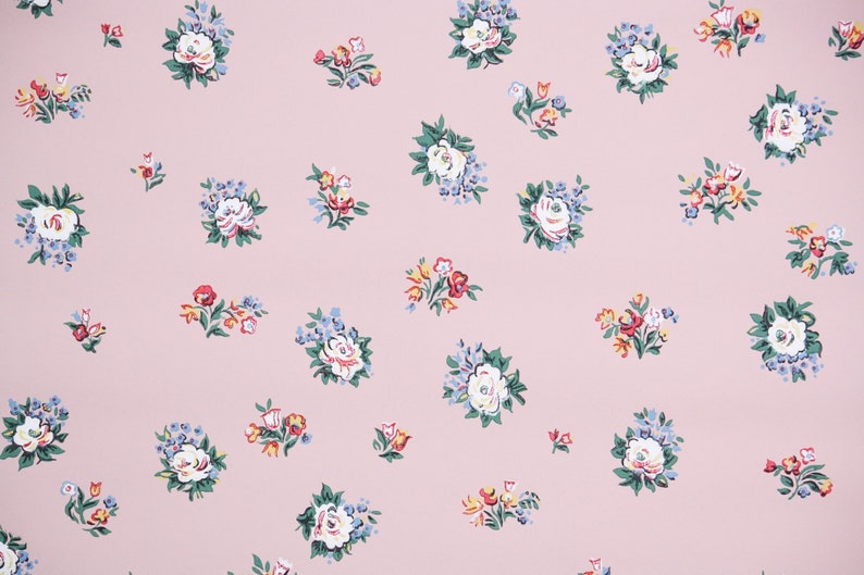 1950s Vintage Wallpaper by the Yard Floral Vintage Wallpaper with Tiny Red and Yellow Flower Bouquets on Pink image 1