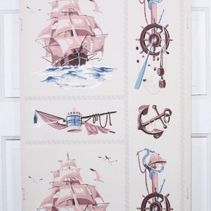 1950s Vintage Wallpaper by the Yard Pink and Blue Ships Nautical Bathroom Wallpaper Novelty Design image 3