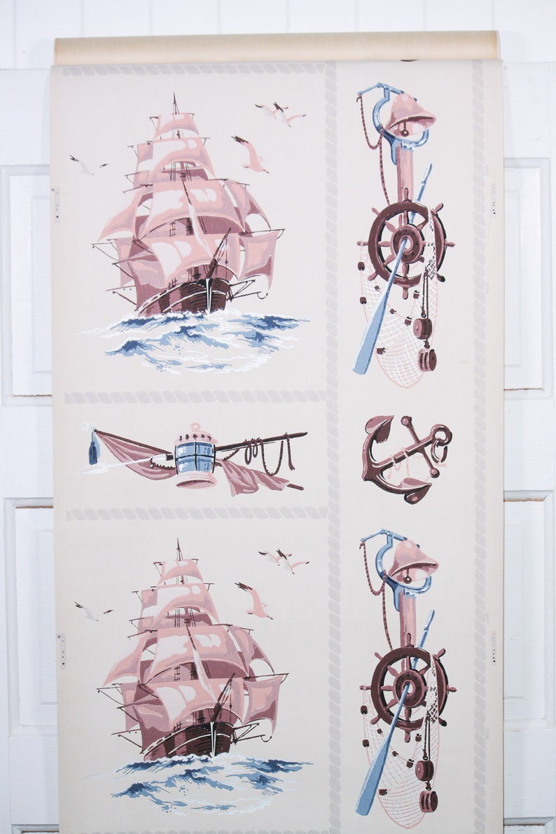 1950s Vintage Wallpaper by the Yard Pink and Blue Ships Nautical Bathroom Wallpaper Novelty Design image 3