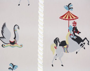 1940s Vintage Wallpaper by the Yard - Childrens Nursery Vintage Wallpaper Merry Go Round Carousel White and Metalic Silver