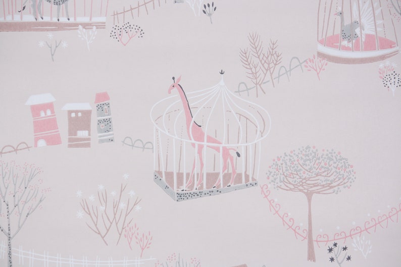 1950s Vintage Wallpaper by the Yard Retro Childrens Wallpaper with Zoo Animals and Giraffes on Pink image 1