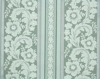 1940s Vintage Wallpaper by the Yard - Green and Ivory White Floral Damask Stripe