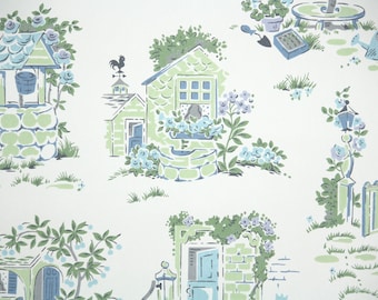 1950s Vintage Wallpaper by the Yard - Novelty Kitchen Wallpaper Blue and Gren Stone Cottage and Garden