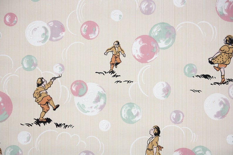 1930s Vintage Wallpaper by the Yard Childrens Wallpaper Boy and Girl Figures Playing with Pastel Bubbles of Pink Lavendar White and Mint image 1