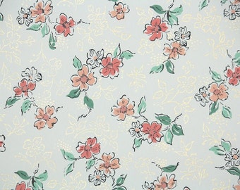 1950s Vintage Wallpaper by the Yard - Floral Wallpaper with Orange Flowers and Metallic Gold on White