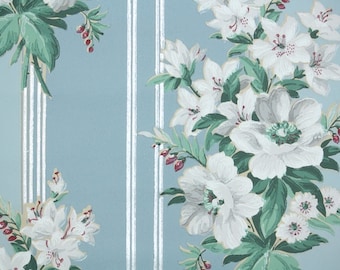 1940s Vintage Wallpaper by the Yard - White Lily Floral Vintage Wallpaper Silver Stripe on Blue