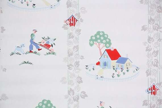 1940s Vintage Wallpaper Novlety Kitchen Wallpaper With Red - Etsy Ireland 1940s Vintage Wallpaper Novlety Kitchen Wallpaper With Red - Etsy Ireland