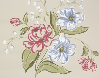 1940s Vintage Wallpaper by the Yard - Floral Vintage Wallpaper - Pink and Blue Floral Bouquet