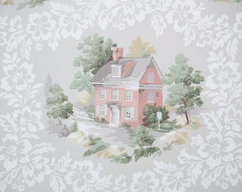 1950s Vintage Wallpaper by the Yard - Scenic Wallpaper with Pink Houses Buildings and Green Trees on Gray