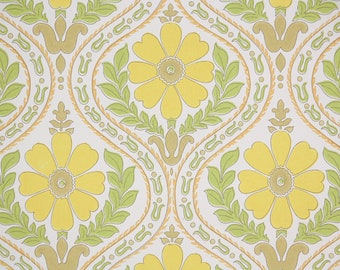 1960s Vintage Wallpaper by the Yard - Retro Floral Wallpaper with Yellow and Green Flowers on White