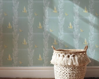 1940s Crane Wallpaper, Mint Green Botanical Stripe, Vintage Reproduction
