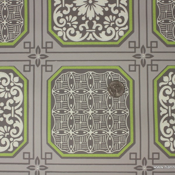 1940's Vintage Wallpaper green gray and white tile geometric