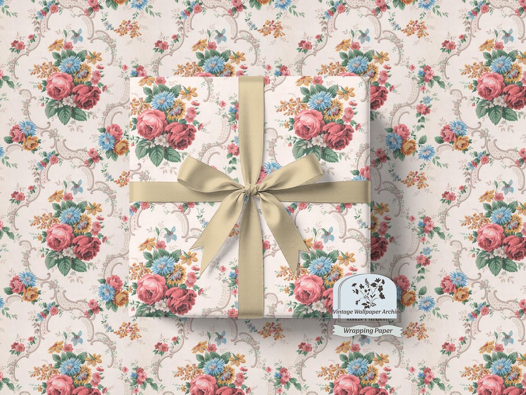Old Roses Wrapperz Vintage Roses Wrapping Paper, Red Blue Yellow Floral, Bridal Wedding ...