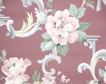 1950s Vintage Wallpaper by the Yard - Floral Wallpaper with Pink Roses on Brown
