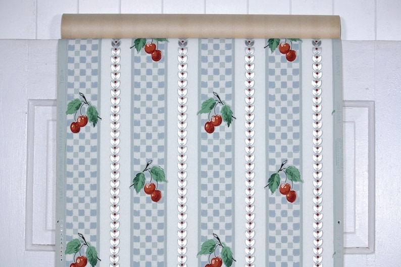1950s Vintage Wallpaper by the Yard Kitchen Vintage Wallpaper Red Cherries on Blue Gingham Check Stripes