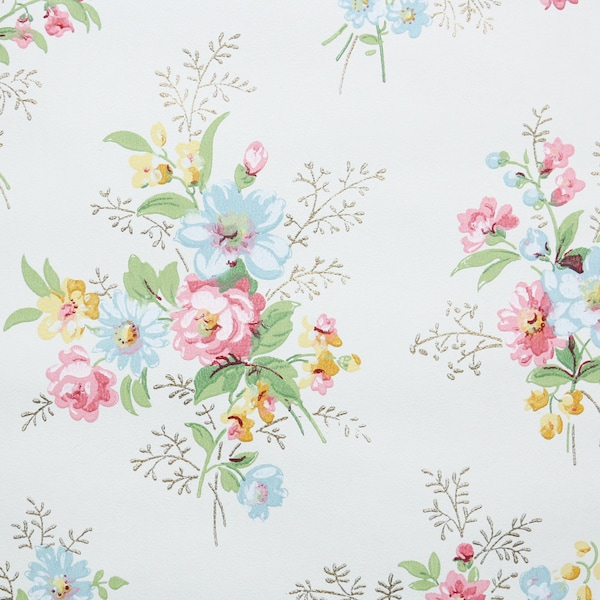 1950s Vintage Wallpaper by the Yard - Floral Vintage Wallpaper with Midcentury Pink Roses Blue and Yellow Flowers Bouquets with Gold Accents