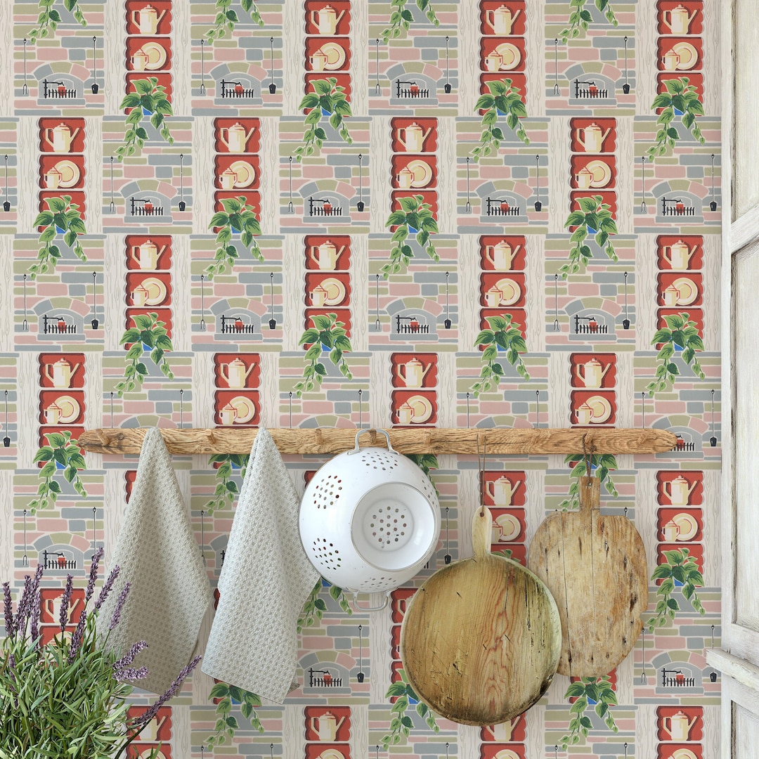 Mid-century Kitchen Wallpaper, Tea Kettle Ivy, Vintage Reproduction - Etsy