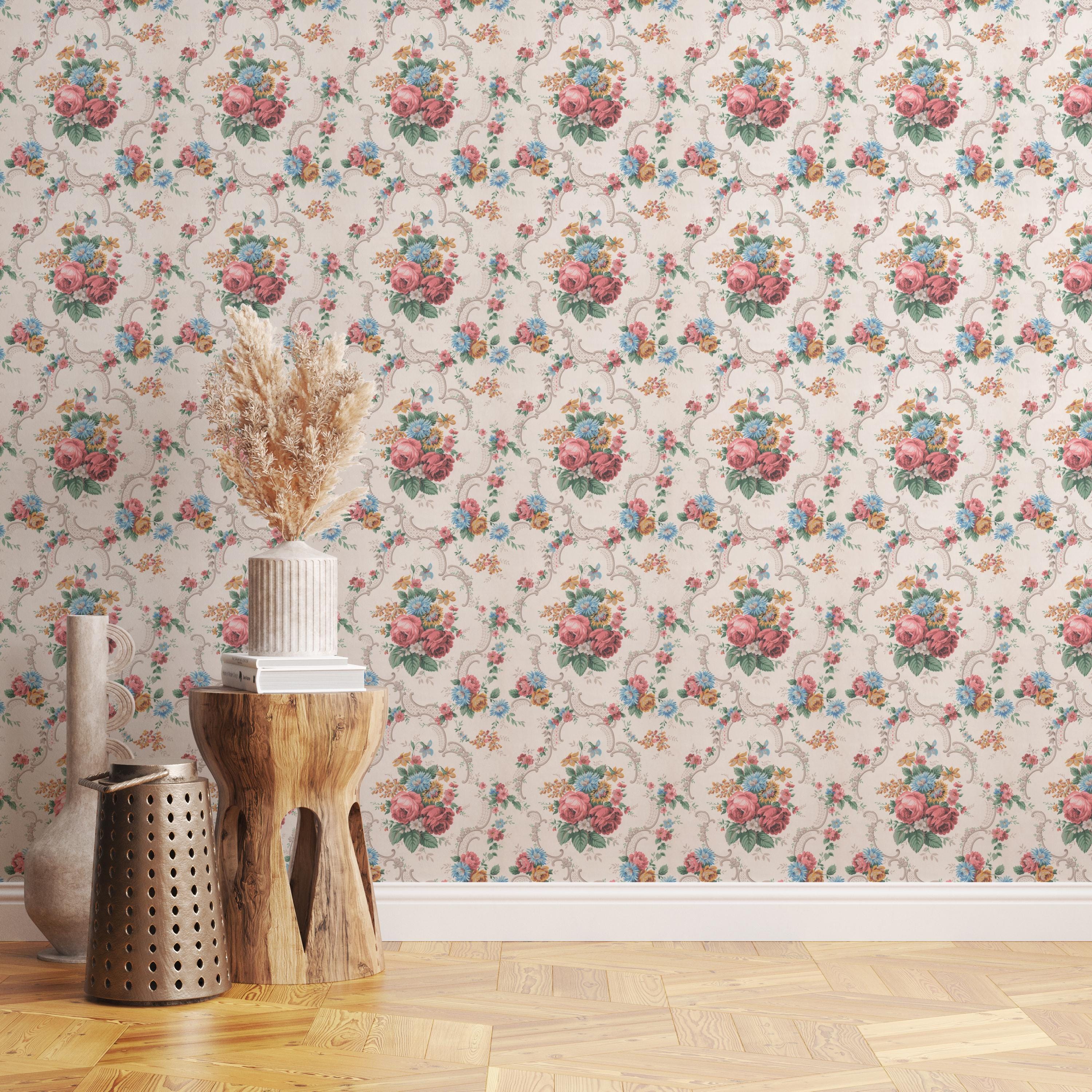 Red Cabbage Rose Floral Wallpaper, 1940s Vintage Reproduction - Etsy